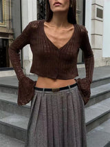 Knitwear Hollow Out Women’s V-Neck Long Sleeve See-Through Cropped Top