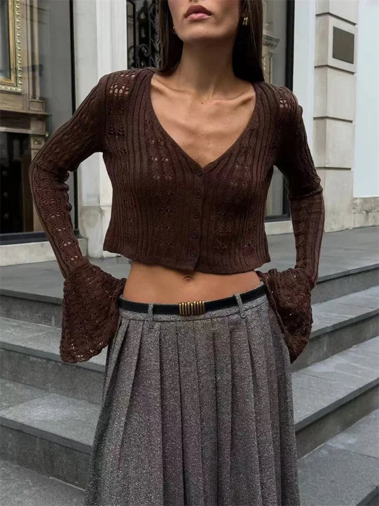 Knitwear Hollow Out Women’s V-Neck Long Sleeve See-Through Cropped Top