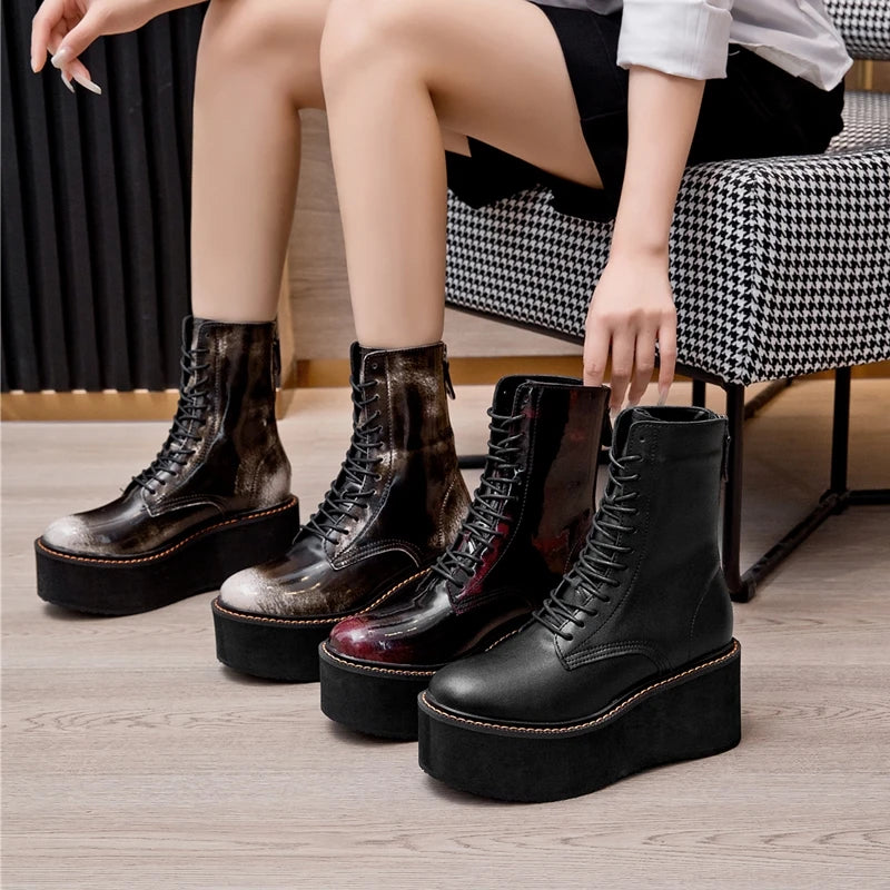 Damen-Stiefeletten aus echtem Leder – Kurzschaftstiefel mit Plateauabsatz