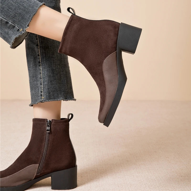 Women’s Genuine Leather Ankle Boots – Pointed Toe Chunky High Heel Boots