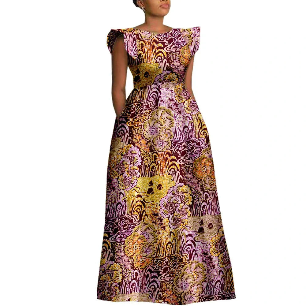 The "Heritage Queen" Floor-Length Gown: Bold Ankara Wax Cotton Dress with Short Sleeves