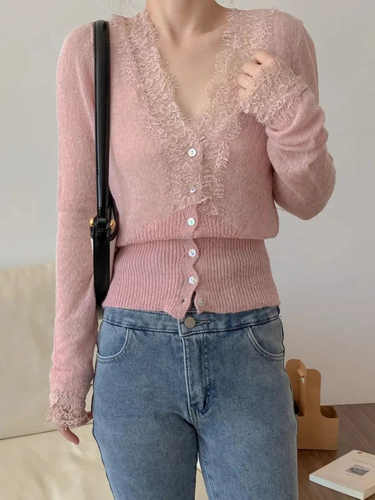 Women’s Elegant Lace Patchwork Cardigan – Chic V-Neck Slim Knit Sweater