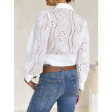 Women’s Hollow-Out Puff Sleeve Blouse – Casual Loose Solid Shirt