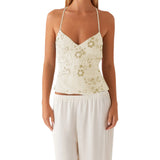 Women’s Y2K Sequin Halter Crop Top – Pearl Embellished Glitter Cami