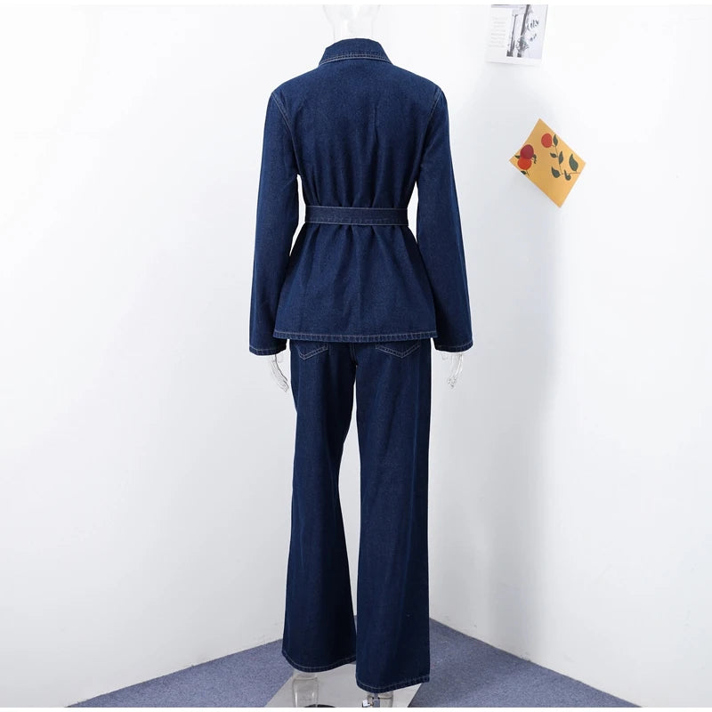 Women’s 2-Piece Denim Long Pants Suit – Y2K Lace Up Lapel Jacket & Straight Leg Jeans Set