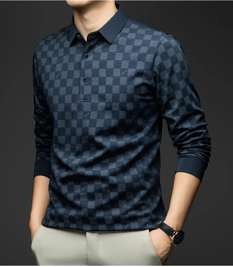 Men's Long Sleeve Polo Shirt – Business Casual Slim Fit Plaid Tee