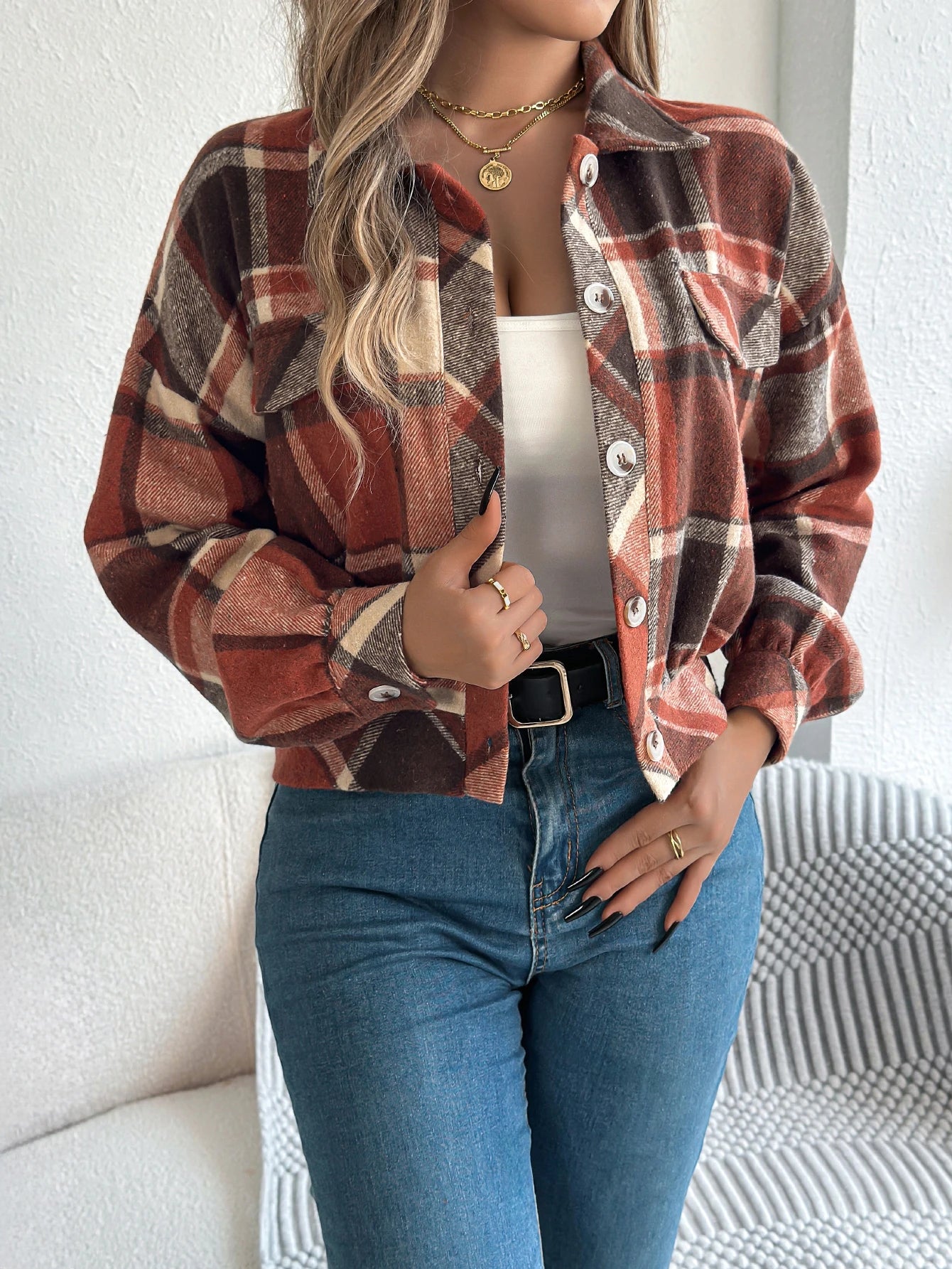 Damen karierte Cropped Wolljacke – Laternenärmel Knopfleistenmantel