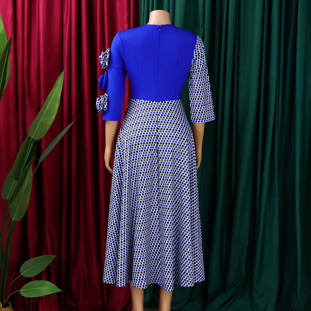 Elegantes Damen-A-Linien-Kleid mit 3D-Blumen – Herbstmode, afrikanisches Abendkleid mit Karomuster