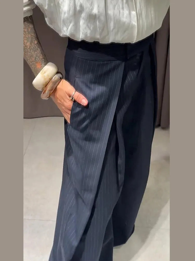 Damen lässige gestreifte weite Hose – High Waist plissierte gerade Hose