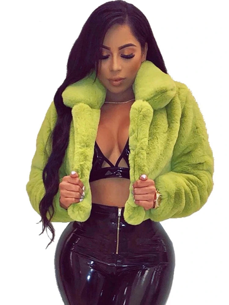 Women's Faux Fur Crop Jacket – Elegant Open Front Lapel Shaggy Fluffy Short Jacket