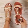 Women's Ethnic Style Round Toe Beaded Flat Sandals Bohemian Ankle Strap Shoes