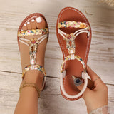 Women's Ethnic Style Round Toe Beaded Flat Sandals Bohemian Ankle Strap Shoes