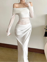 Sexy Mesh Ruched Maxi Dress – See Through Off Shoulder Long Sleeve Sheath