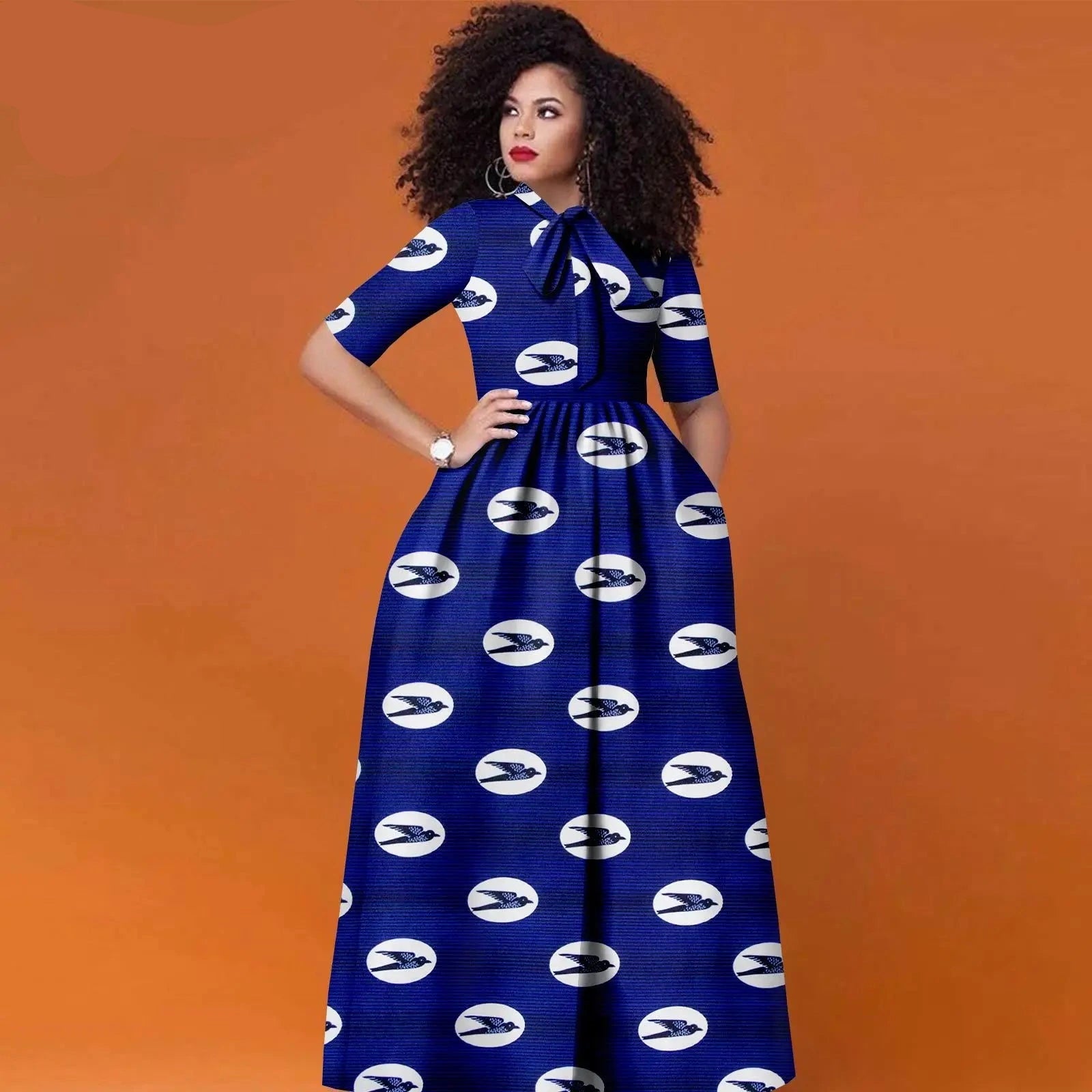 Afrikanisches Ankara Maxikleid für Damen | Halbarm High Waist Kleid mit traditionellem Print