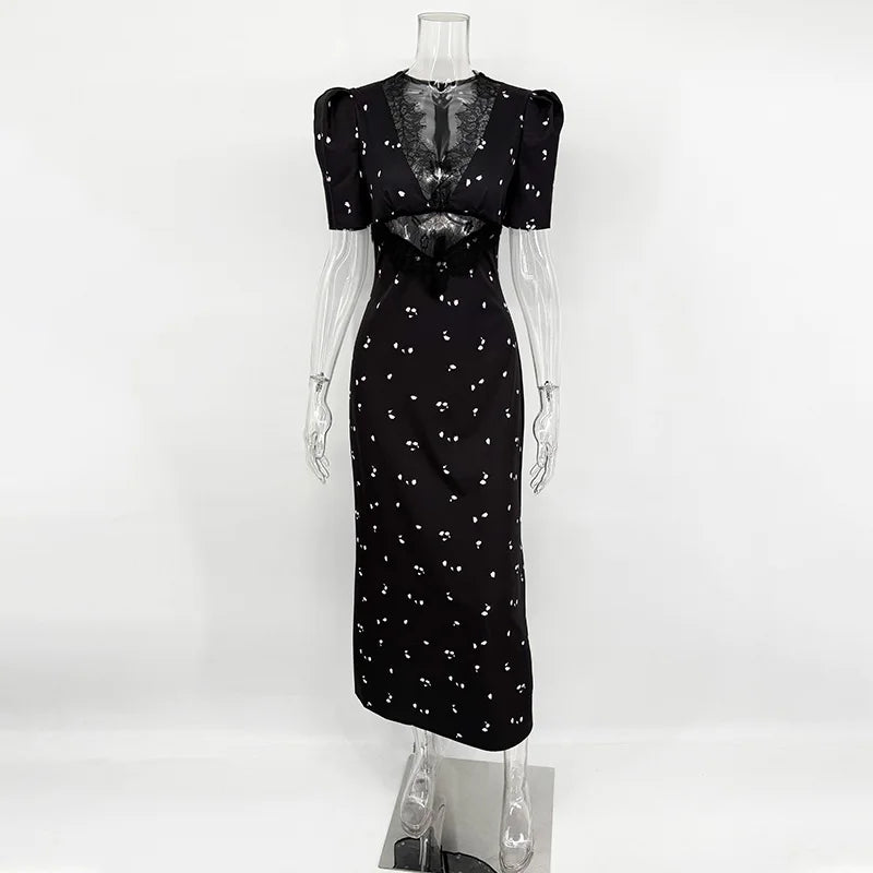 Damen Sexy Hohlspitze Kleid – Elegantes Kurzarm-Kleid mit Druck, hoher Taille und schmaler Passform für Sommerpartys