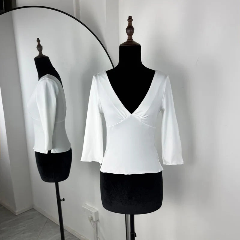 Elegantes rückenfreies Patchwork-Oberteil – Damen V-Ausschnitt Slim T-Shirt für den Sommer