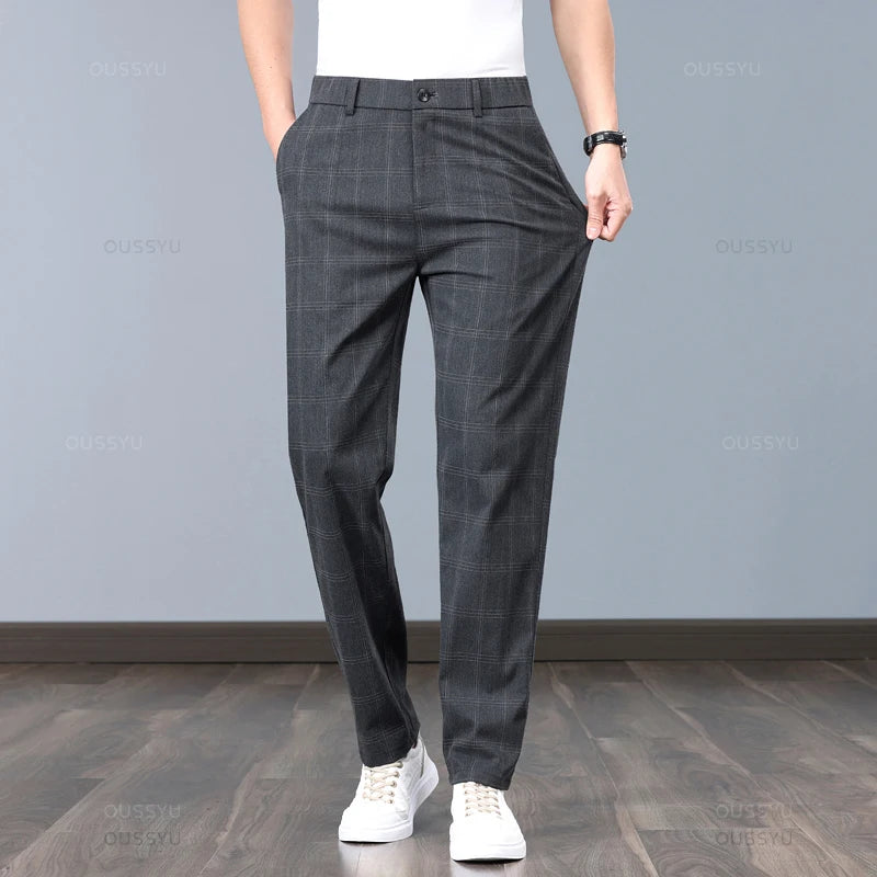 Klassische Herren-Arbeitshose mit Karomuster – Slim Fit Stretch-Businesshose