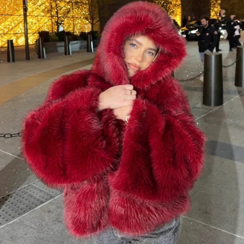Damen-Bomberjacke aus rotem Kunstpelz – Plüschige, einfarbige kurze Winterjacke