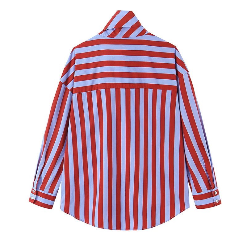 Damen Gestreifte Bluse mit Knopfleiste und Schleife – Langarm Locker Geschnitten