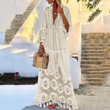 Böhmisches Quasten-Maxikleid mit V-Ausschnitt, großer Größe, Spitze, einfarbig, Mode, Boho, Urlaubskleid