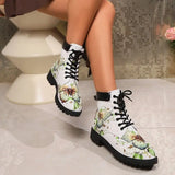 Damenbedruckte Schnürstiefeletten – Retro Runde Zehen Vintage Blumen Niedriger Absatz Chelsea Boots