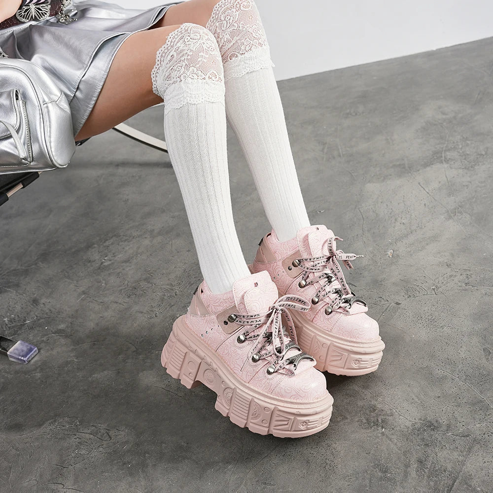 Women’s Pink Retro Punk Metal Decor Platform Ankle Boots