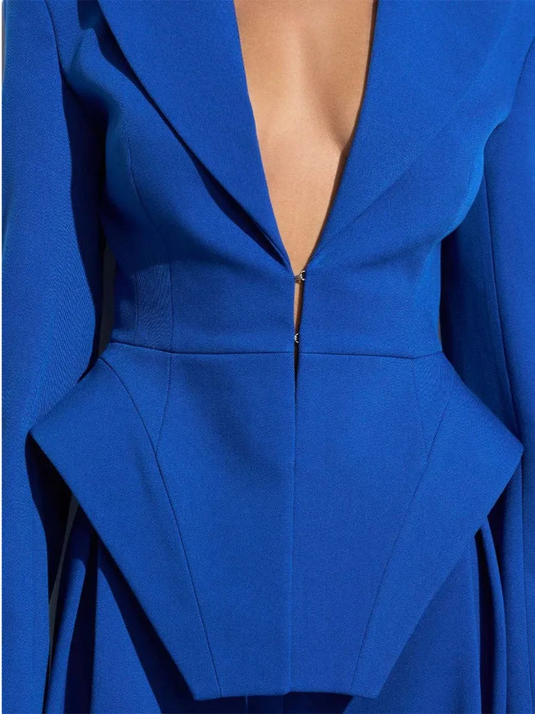 Women’s Formal 2-Piece Slim Fit Peplum Jacket & High-Waisted Wide-Leg Trousers