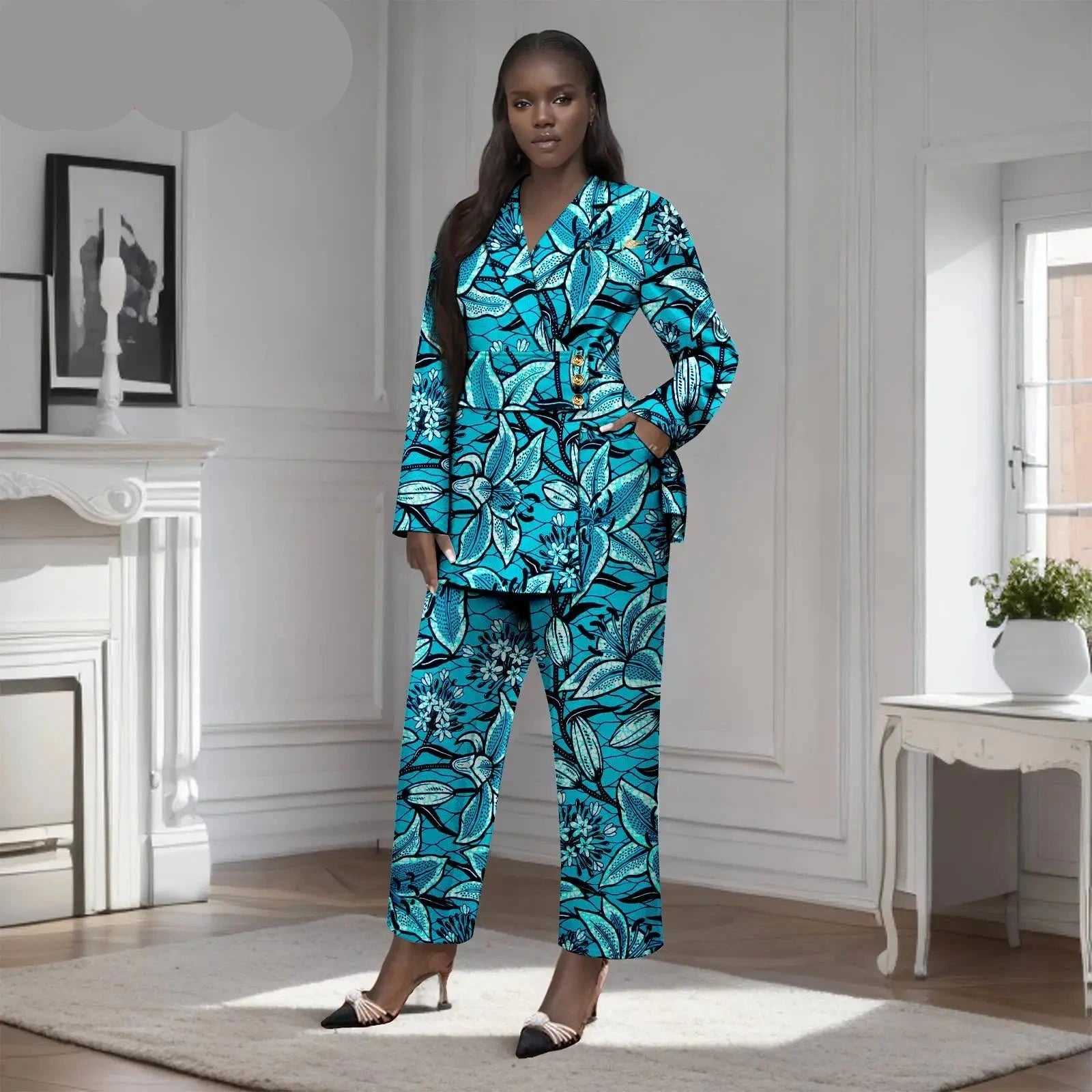 Afrikanisches zweiteiliges Set für Damen mit goldenem Knopf, Broschen-Blazer und Knöchelhose