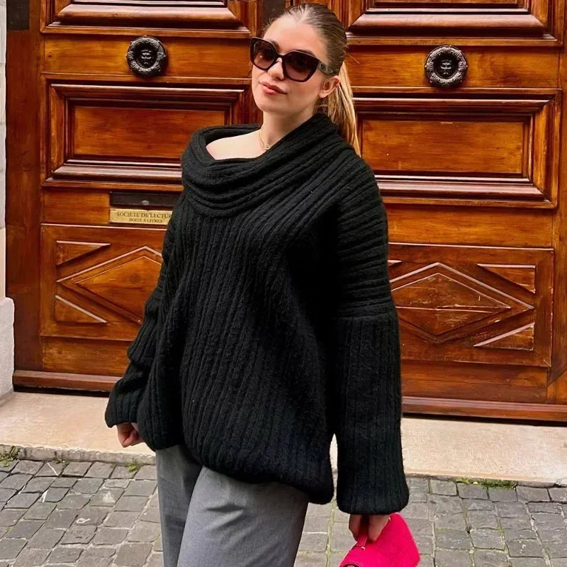 Women’s Off-Shoulder Knit Sweater – Brown Retro Loose Casual Pullover