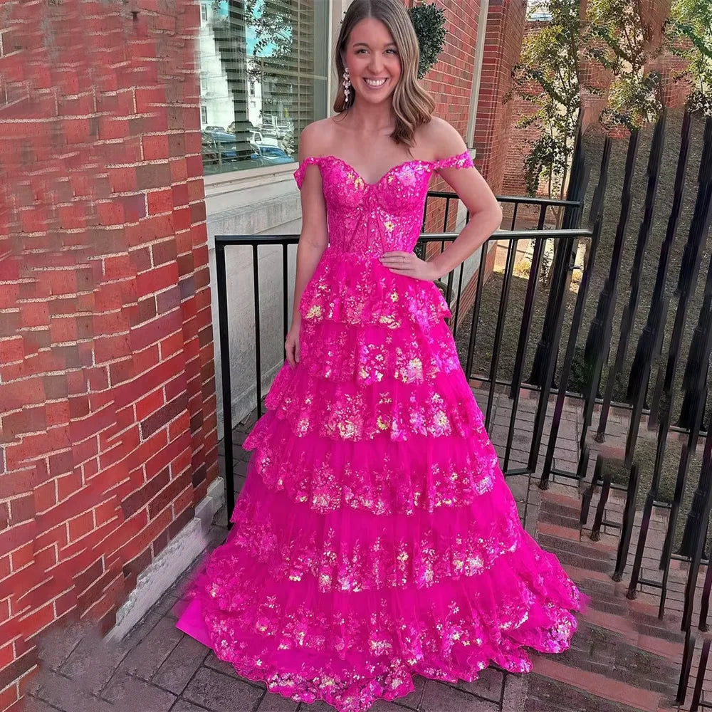 Puffy Off-Shoulder Evening Dress | Layered Tulle Sweetheart Prom Gown