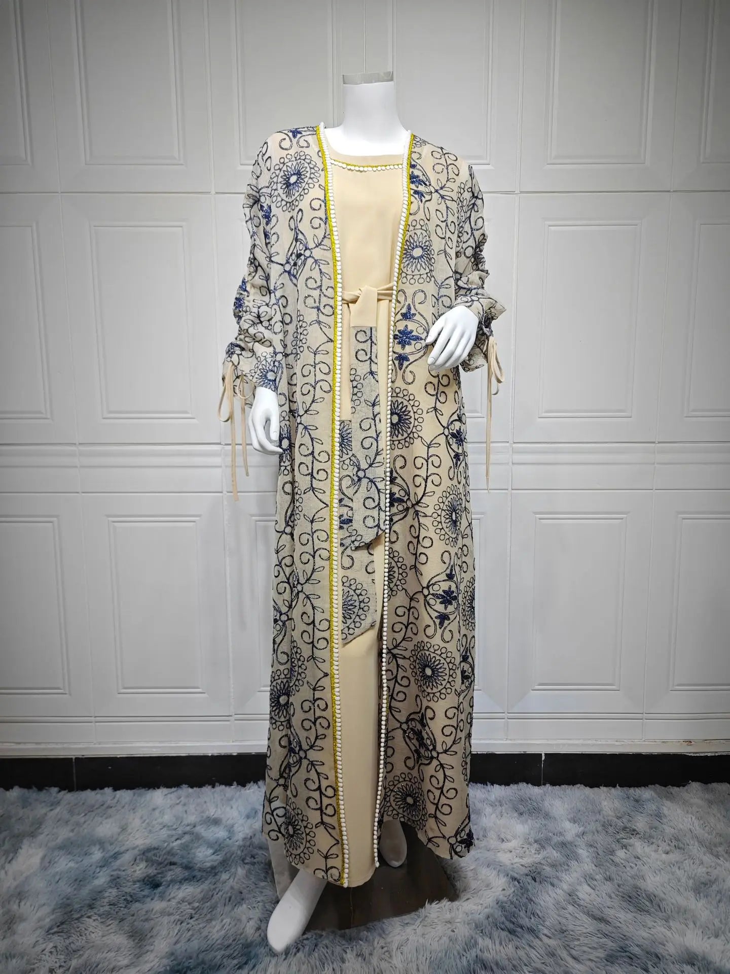 Muslim Women’s 2-Piece Abaya Set for Eid | Embroidered Open Cardigan and Lace-Up Inner Dress