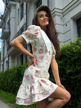 Short Sleeve Floral Printed Lapel Fashion Mini Dress for Women