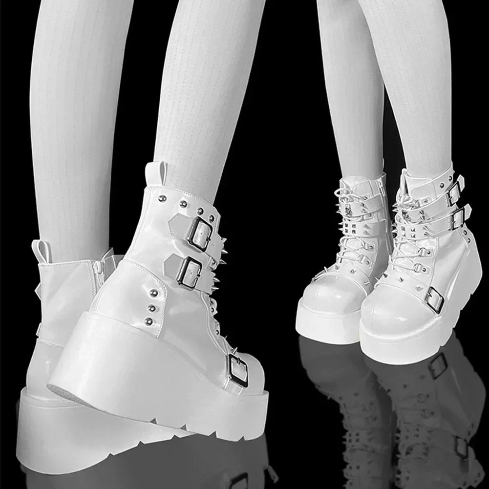 Women’s Waterproof Wedge Gothic Vampire Platform Mid-Calf Boots