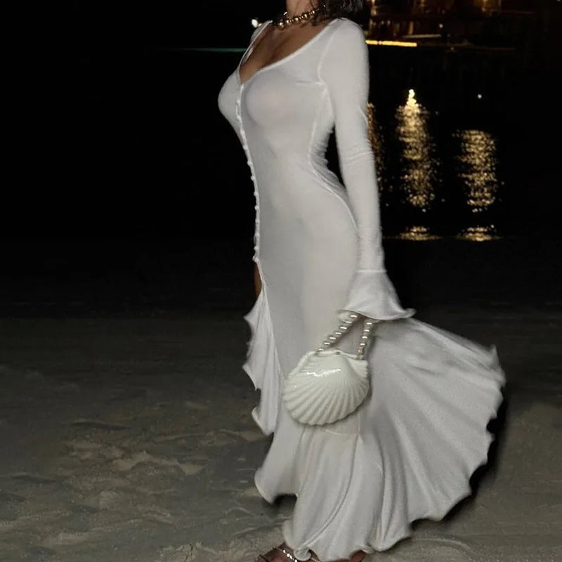 Damen sexy Partykleid mit tiefem V-Ausschnitt, hohem Schlitz, Rüschen und ausgestellten Ärmeln, einreihig