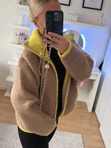 Women’s Contrast Knitted Cardigan Jacket – Elegant Long Sleeve Zipper