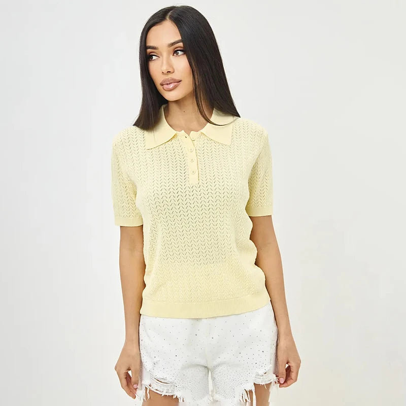 Hollow Lapel Neck Knit Top for Women – Short Sleeve Casual Loose Fit Tee