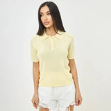 Hollow Lapel Neck Knit Top for Women – Short Sleeve Casual Loose Fit Tee