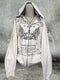 Women’s White American Retro Printed Hoodie – Y2K Harajuku Zipper Sweatshirt