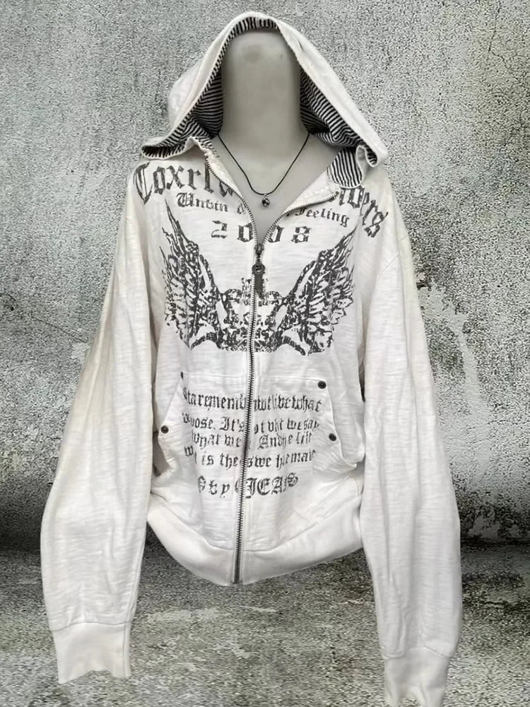 Damen Weißer Amerikanischer Retro-Kapuzenpullover mit Print – Y2K Harajuku Reißverschluss-Sweatshirt