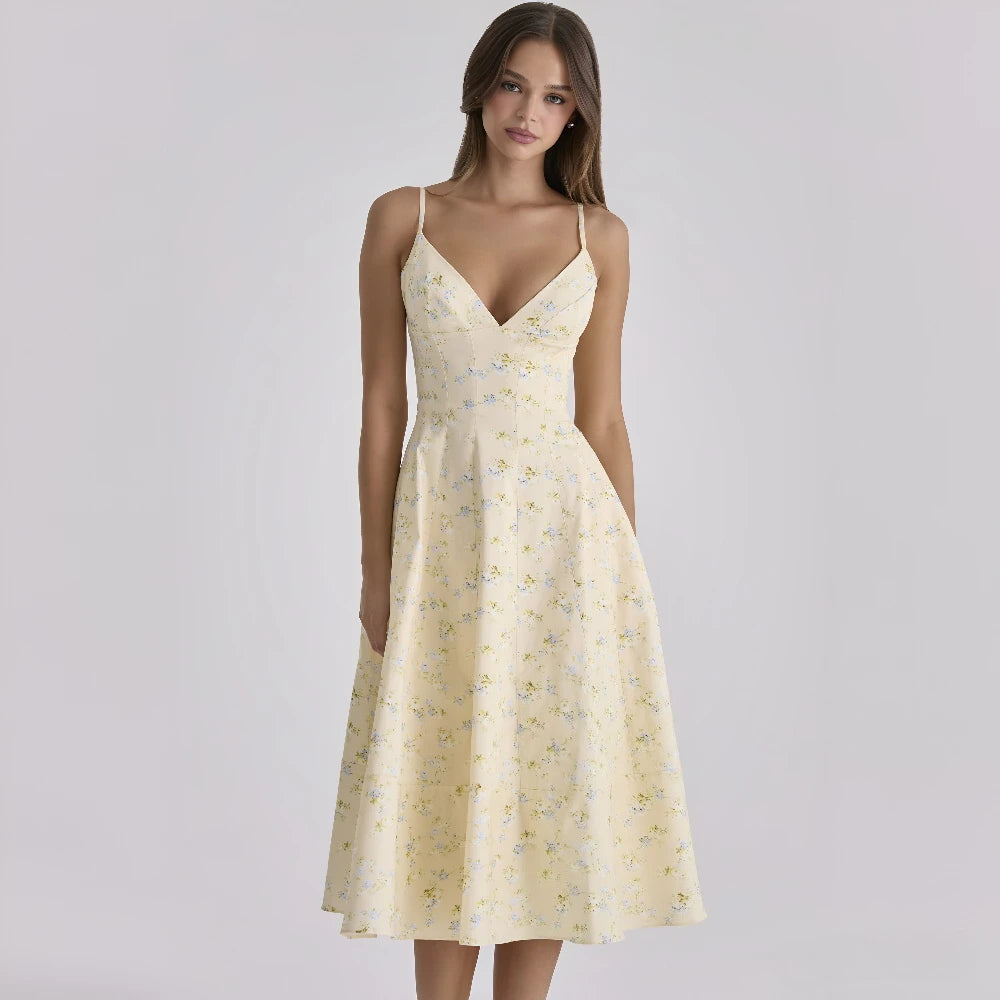 Women's Summer Elegant Floral Print V-Neck Midi Dress