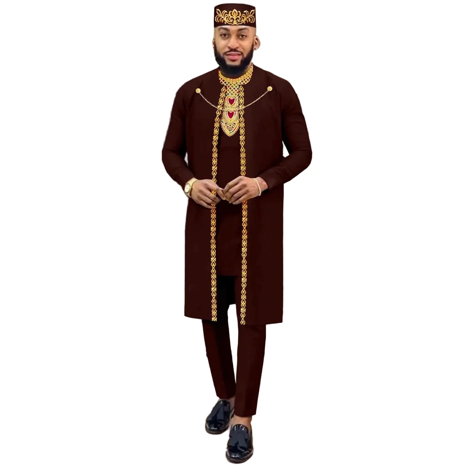 Herren 4-teiliges Agbada-Set – Besticktes Gewand, Hemd, Hose und Mütze, traditioneller Dashiki Hochzeitsanzug