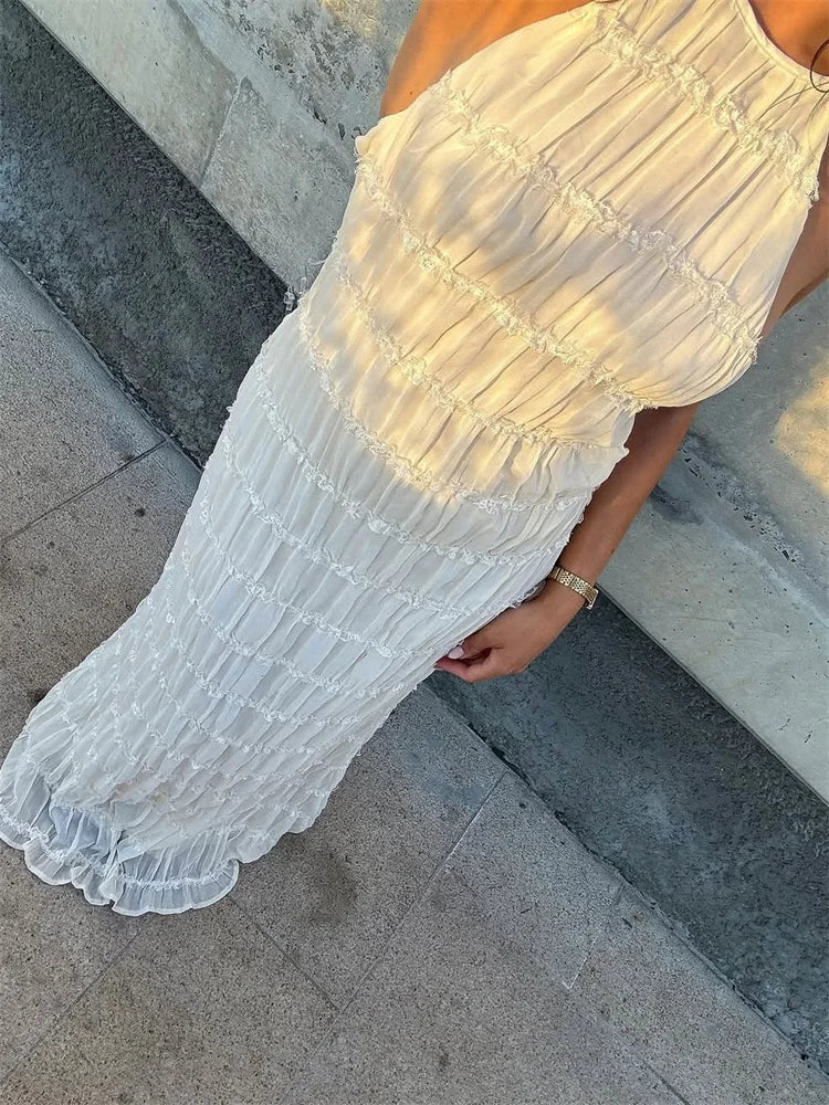 Damen-Maxikleid mit Schnürung am Rücken, rückenfrei, für den Urlaub, Strand, hohe Taille, einfarbig, elegant