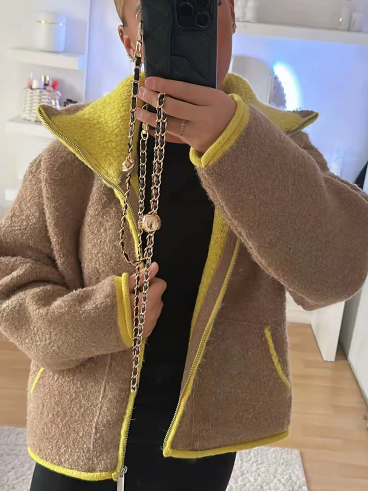 Women’s Contrast Knitted Cardigan Jacket – Elegant Long Sleeve Zipper
