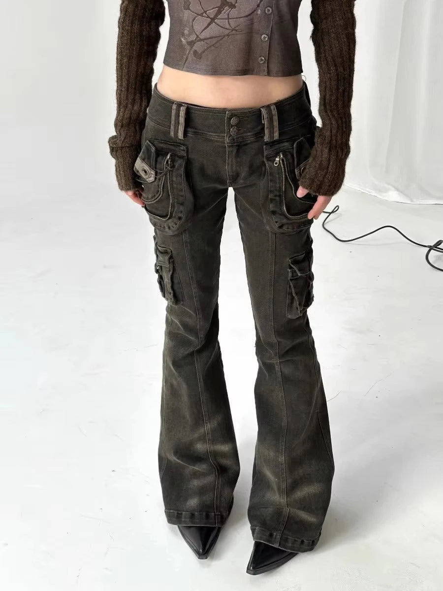 Black Dual-Button Low-Rise Cargo Pants | Women’s Grunge Flare Jeans