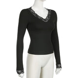 Y2K Lace Patchwork Black Skinny T-Shirt | Elegant V-Neck Long Sleeve Vintage Top