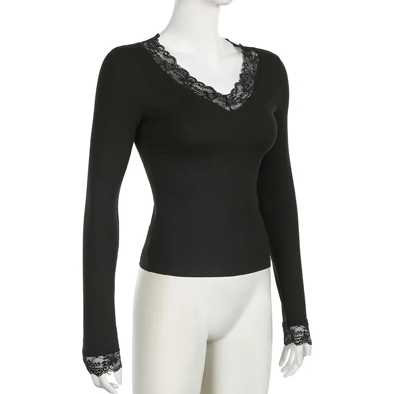Y2K Lace Patchwork Black Skinny T-Shirt | Elegant V-Neck Long Sleeve Vintage Top