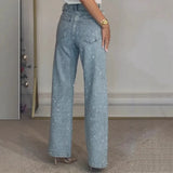 Damen-Jeans mit geradem Bein und Diamantbesatz – High-Waist-Stretch-Mom-Jeans, Vintage-Waschung