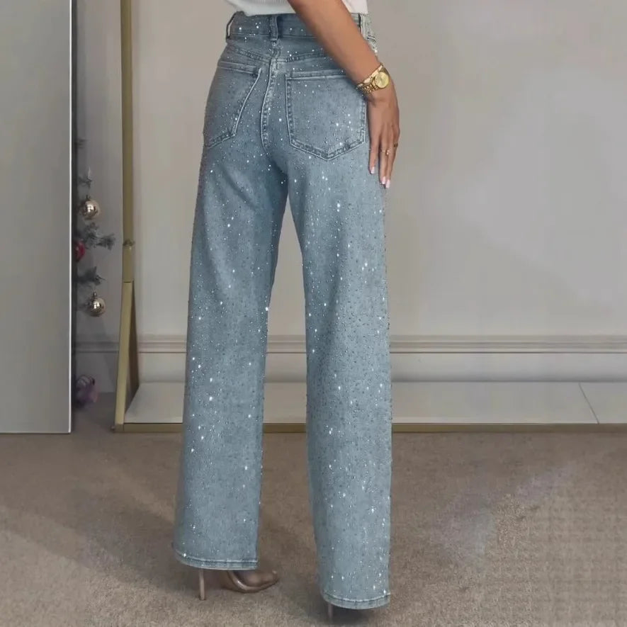 Damen-Jeans mit geradem Bein und Diamantbesatz – High-Waist-Stretch-Mom-Jeans, Vintage-Waschung