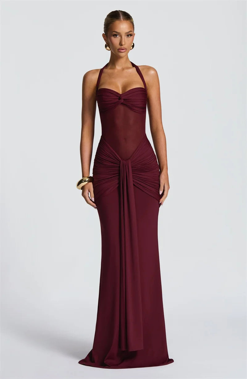 Sexy Halter Backless Maxi Dress – Women’s Patchwork Off-Shoulder Bodycon