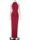 Ärmelloses Neckholder-Maxikleid für Damen mit Raffungen – Sexy figurbetontes langes Kleid mit seitlichem Schlitz